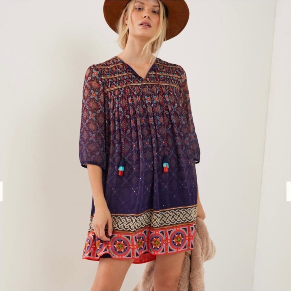 Anthropologie Tanvi Kedia Corinna Tunic Dress Size M Embroidered Metallic
